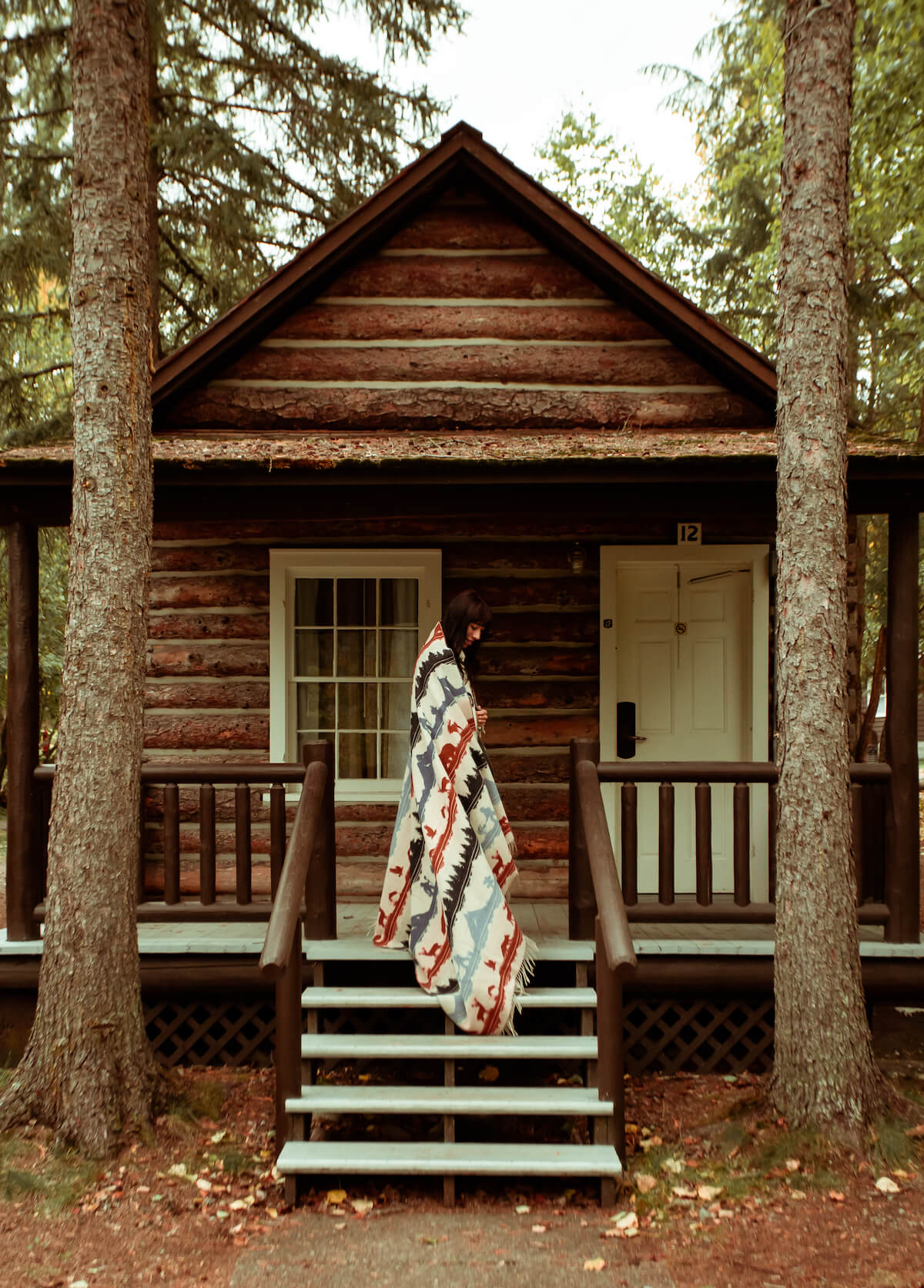 Wooden cabin in a forest with a blanket on the steps