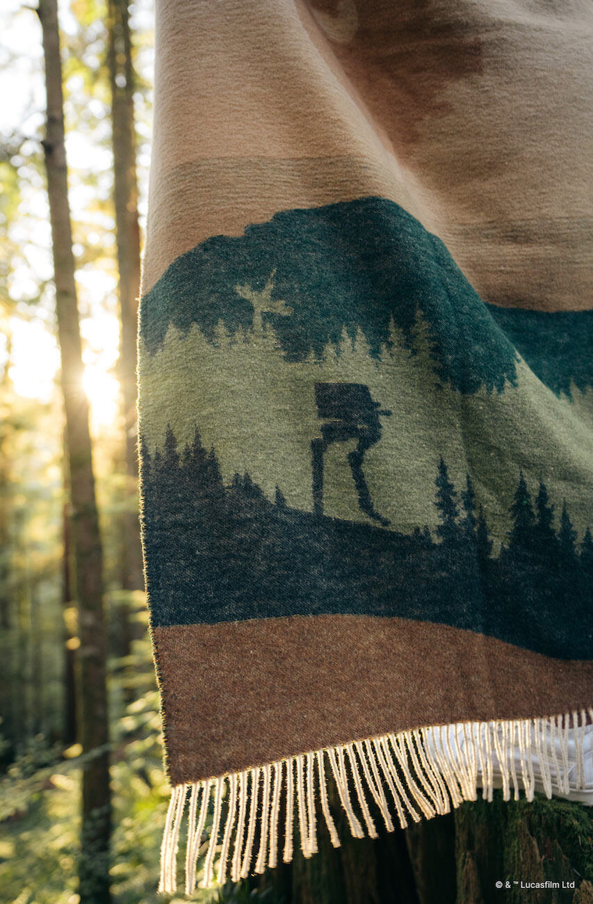 Blanket with mountain and cabin design held up against a forest background