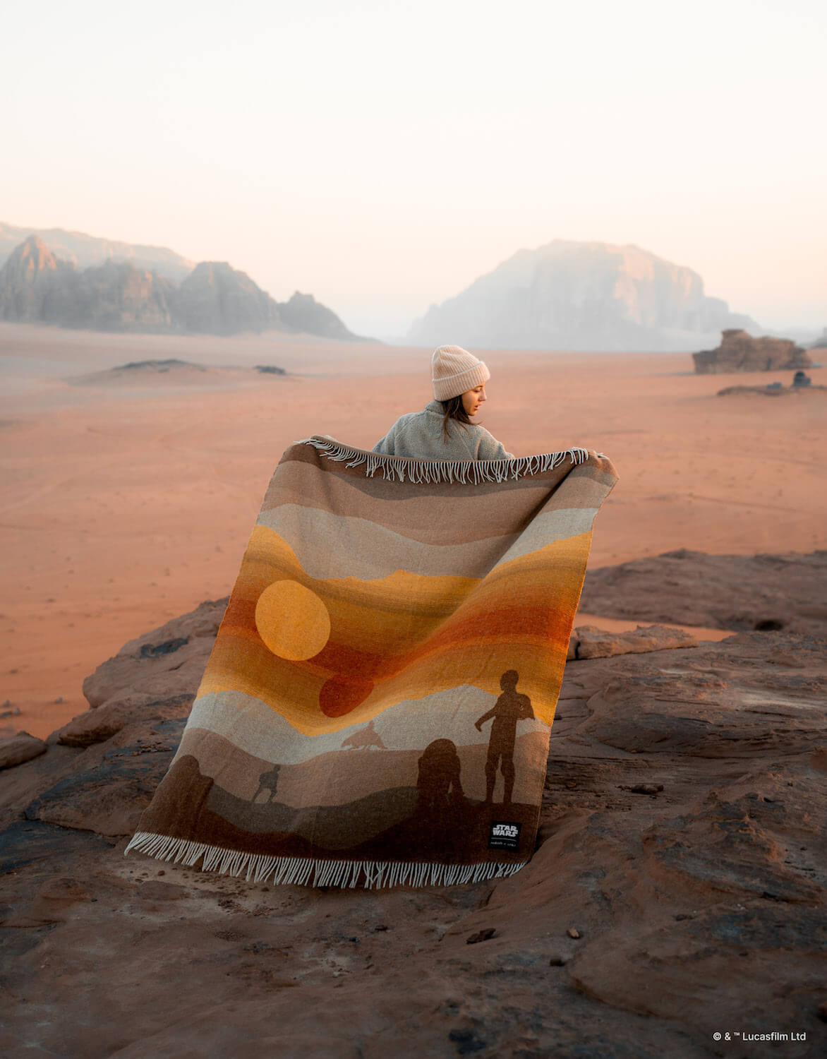 Person holding a woven blanket with desert design in a desert landscape