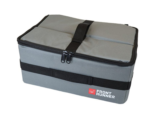 Gray storage bag with black straps and 'Front Runner' logo on a white background