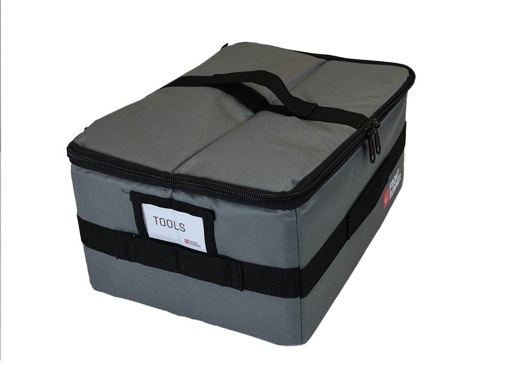 Gray storage bag with black straps on a white background