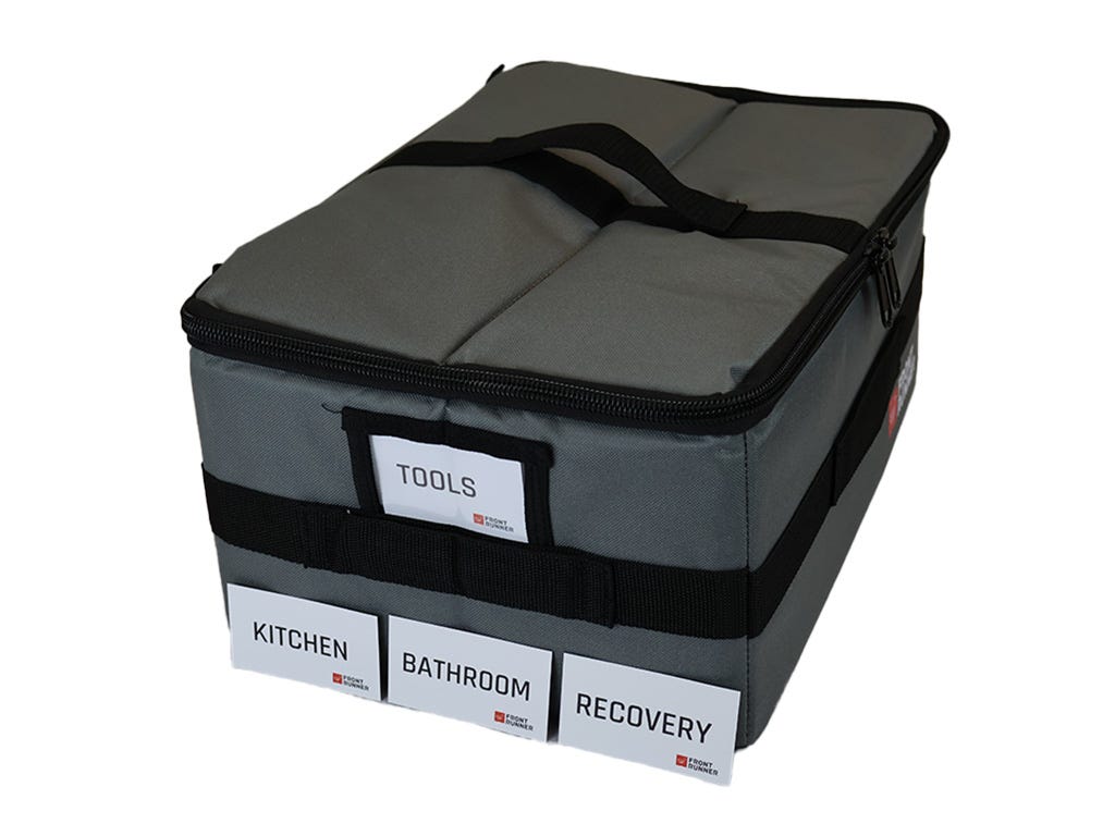 Gray storage bag with black straps and labeled sections on a white background