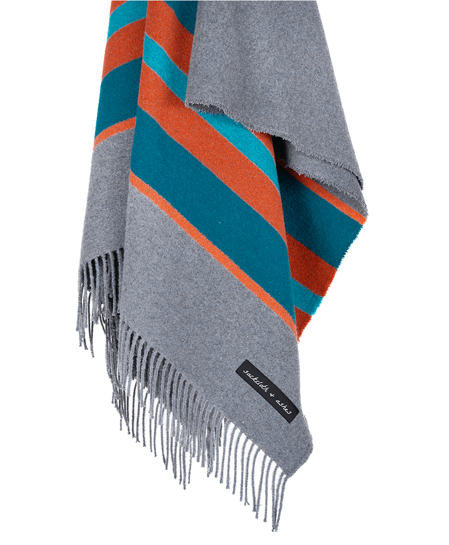 Striped scarf with gray, blue, and orange colors on a white background