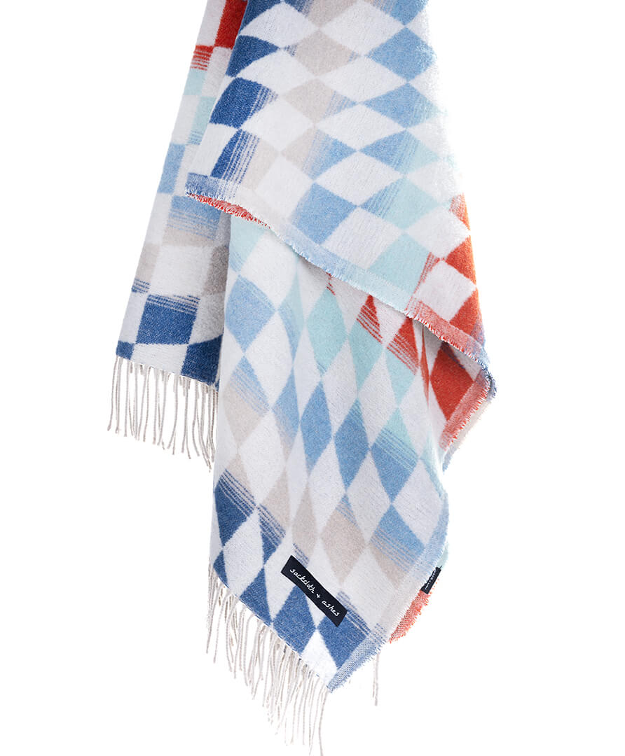 Plaid blanket with blue, white, and red pattern on a white background