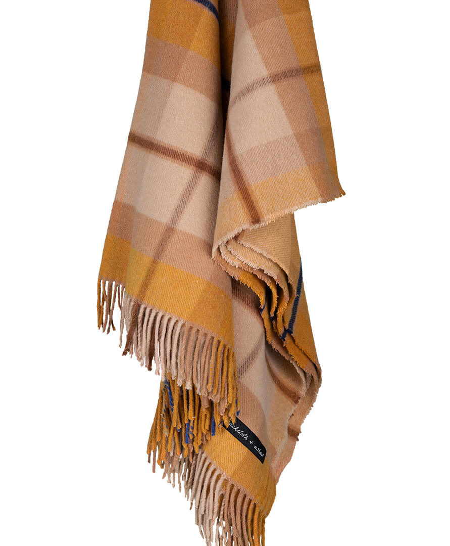 Plaid blanket with fringes on a white background