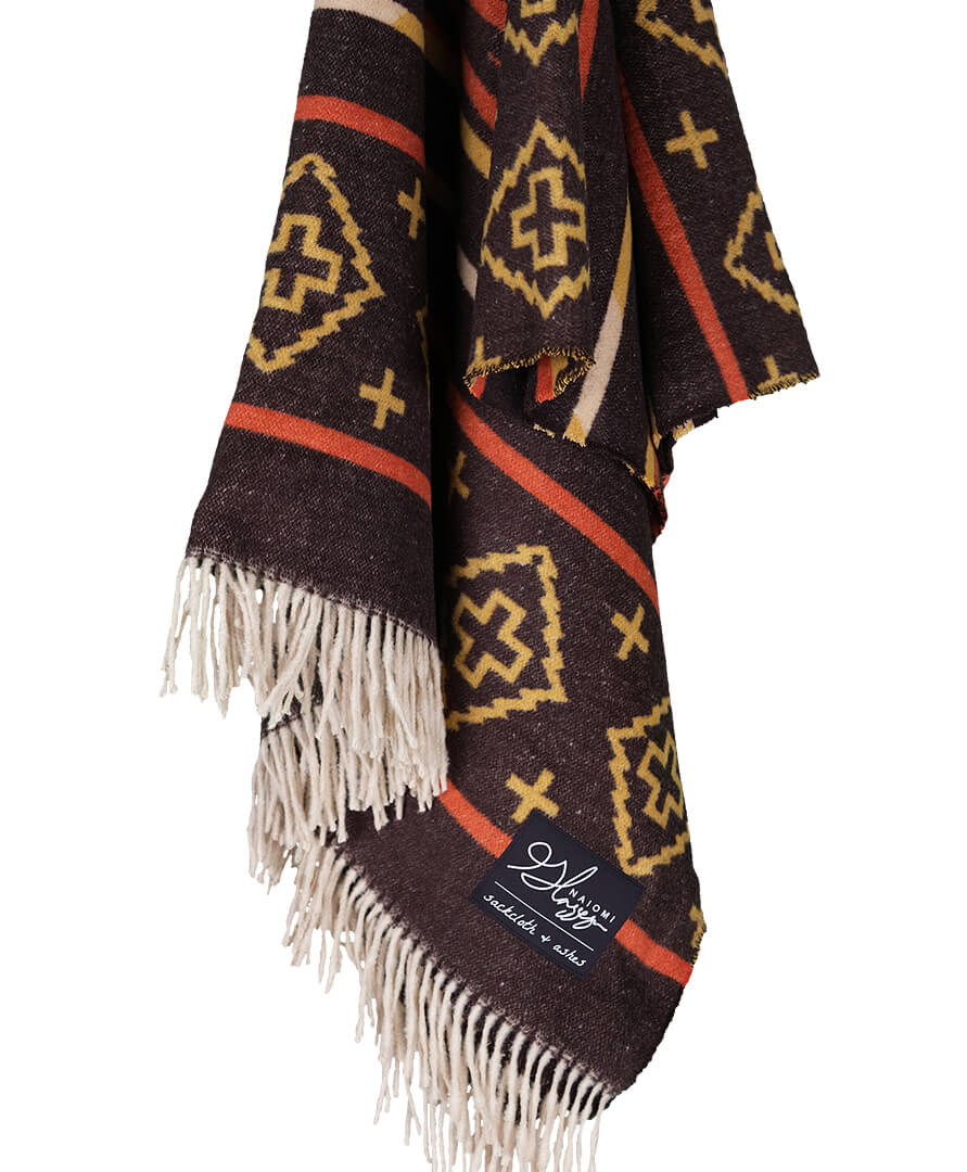 Patterned blanket with fringes on a white background
