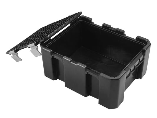 Black storage box with a lid on a white background