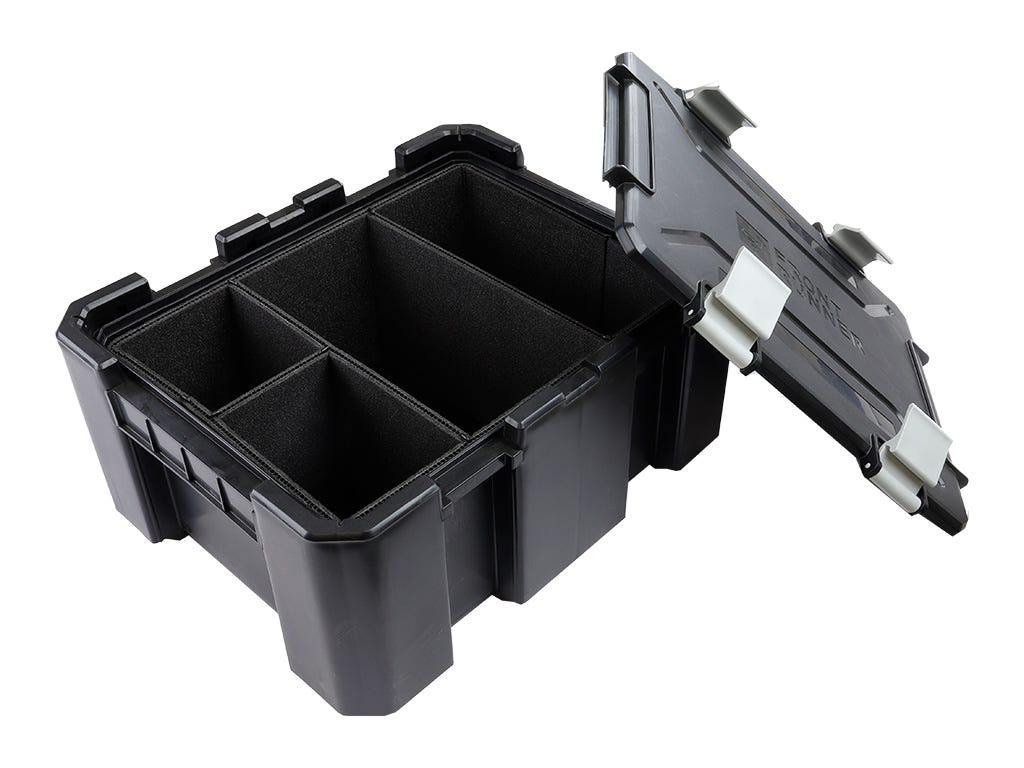Black tool box with a compartmentalized interior and a lid on a white background
