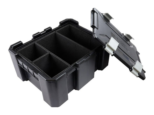 Black tool box with a compartmentalized interior and a lid on a white background