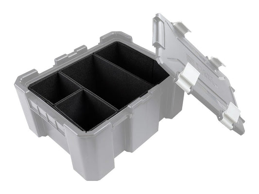 Gray storage box with a lid open on a white background