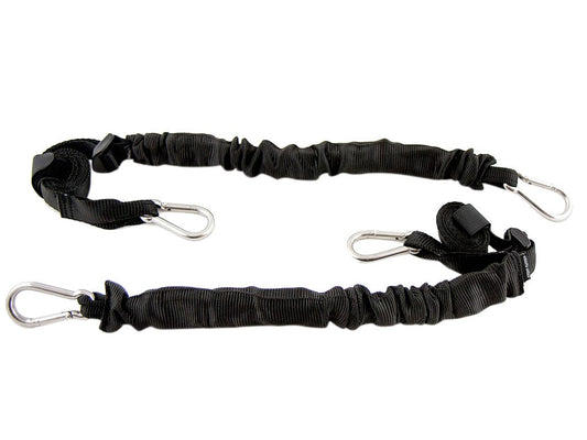 Black bungee cord with carabiners on a white background