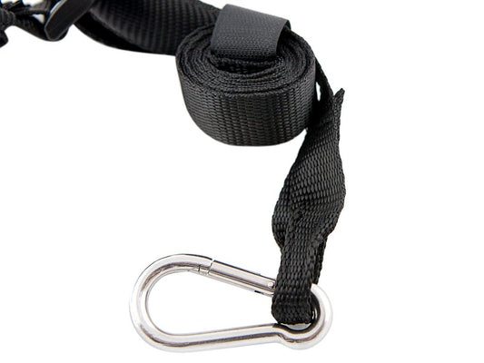 Black strap with a metal carabiner on a white background