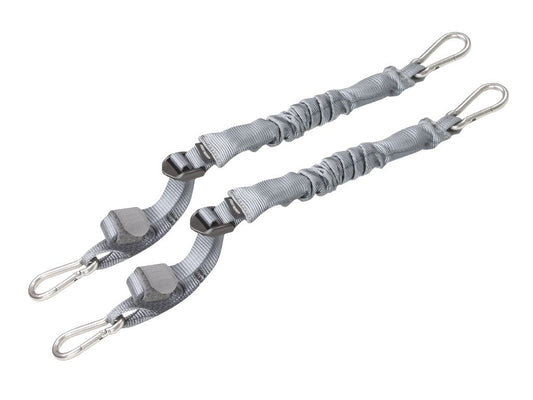 Two gray lanyards with carabiners on a white background