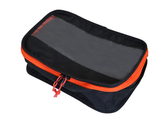 Black and orange travel pouch on a white background