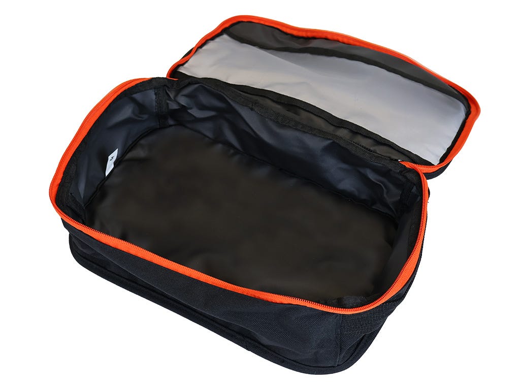 Black travel bag with orange trim on a white background