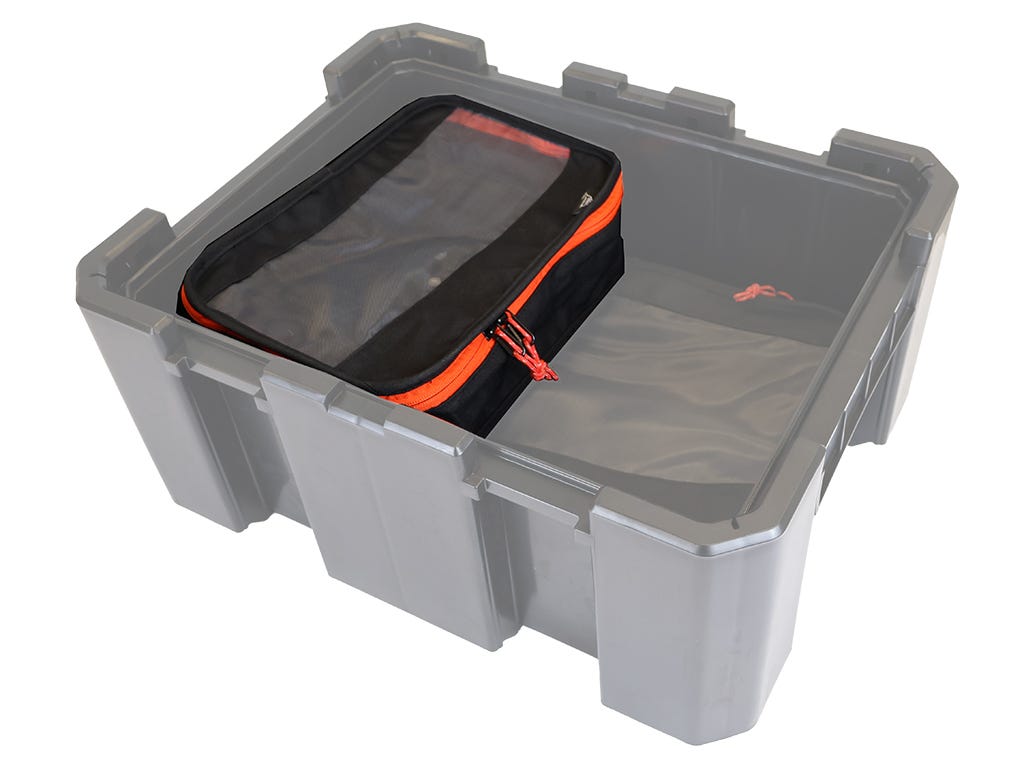 Gray storage box with a clear plastic bag featuring an orange zipper.