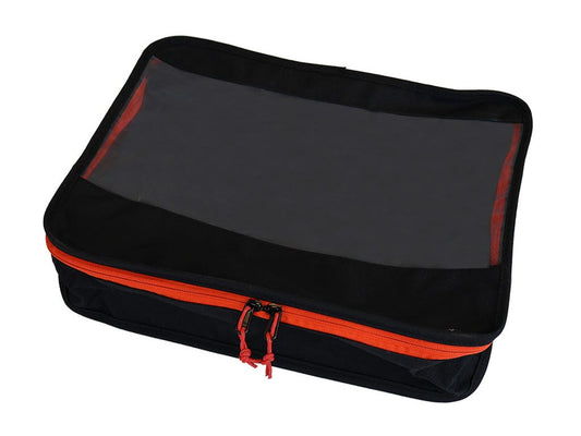 Black packing cube with red zipper on a white background