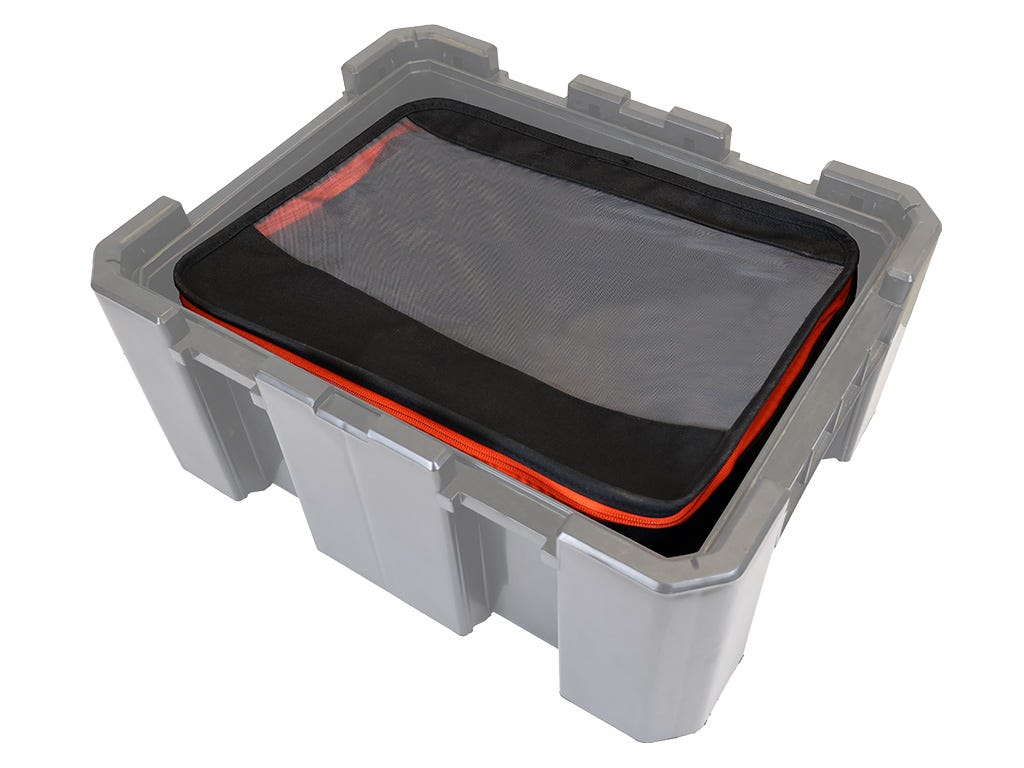 Gray storage box with a black lid on a white background